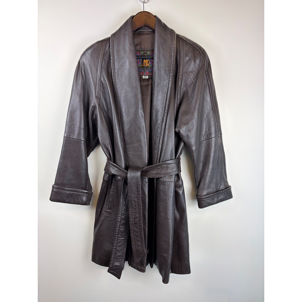 Vintage 90s LNR Leather Trench Coat M Dark Brown Belted Open Front Rachel Green